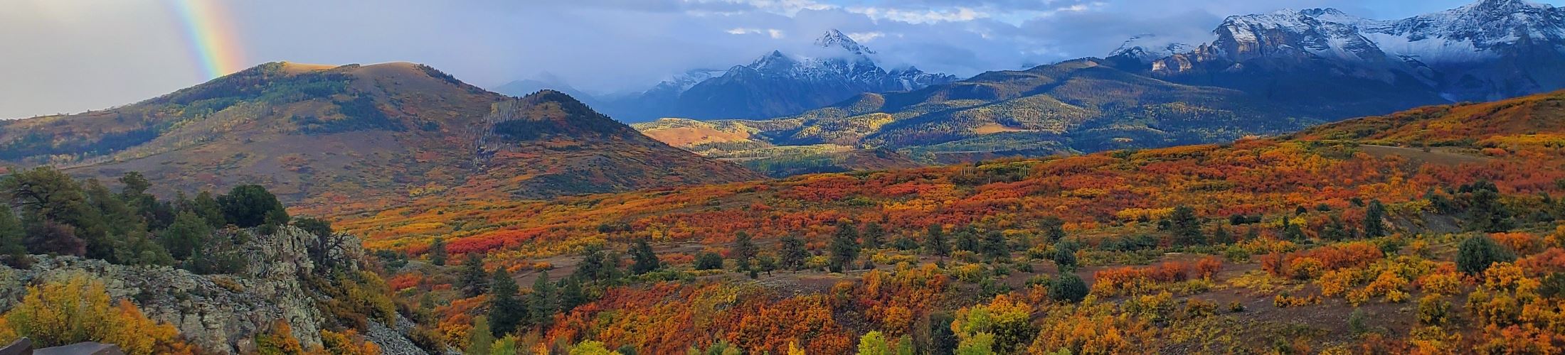 Fall colors on Dallas Divide - snow on San Juan Mountains, fall colors and rainbow shining through on the left